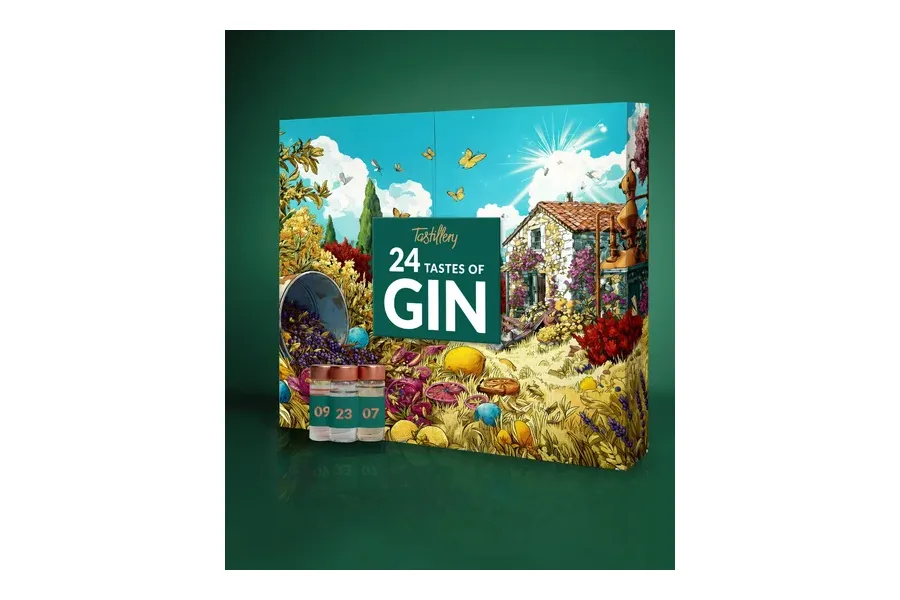 Tastillery Gin Adventskalender 2026 mit 24 Probierfläschchen in illustrierter Klappbox