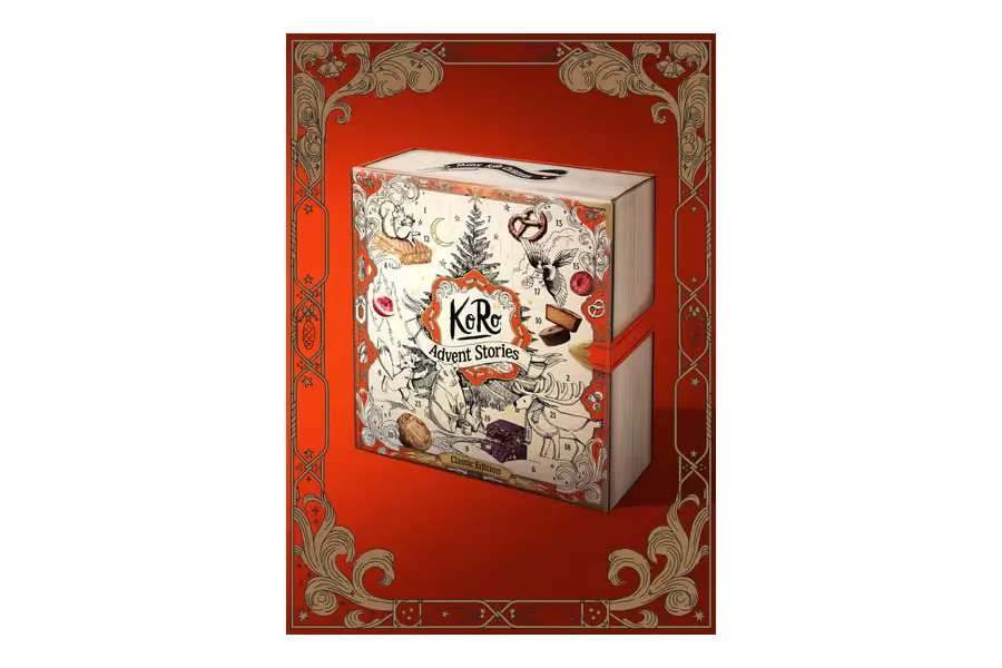 KoRo Classic Adventskalender 2026 als Märchenbuch-Box auf rotem Hintergrund