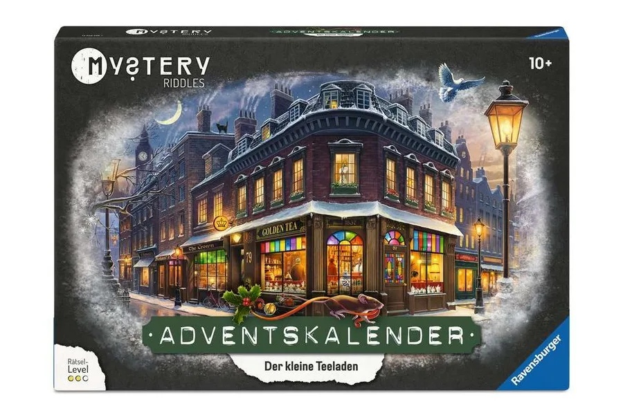 Ravensburger Mystery Adventskalender Der kleine Teeladen mit illustriertem Teeladen bei Nacht