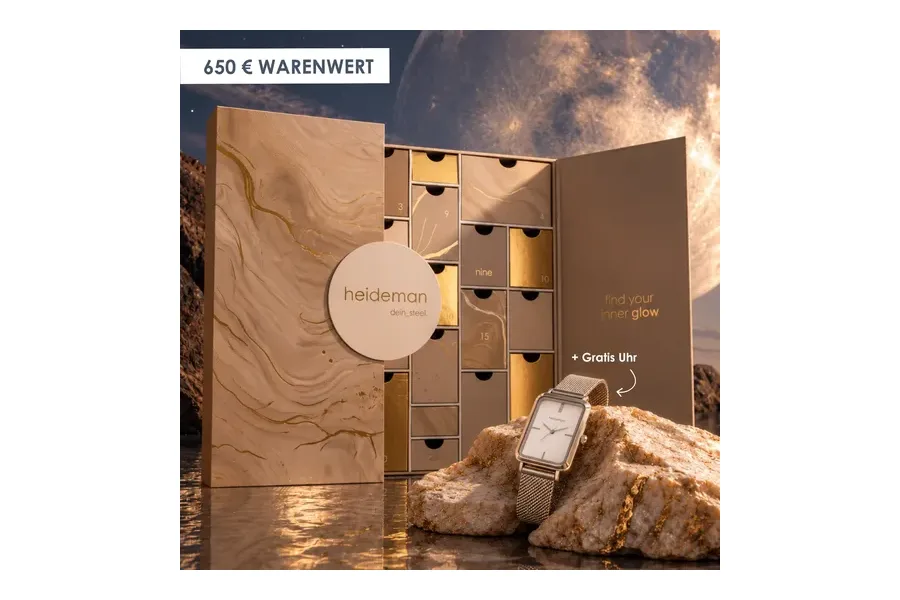 Heideman Schmuck-Adventskalender 2026 aufgeklappt mit kleinen Schubladen und Uhr