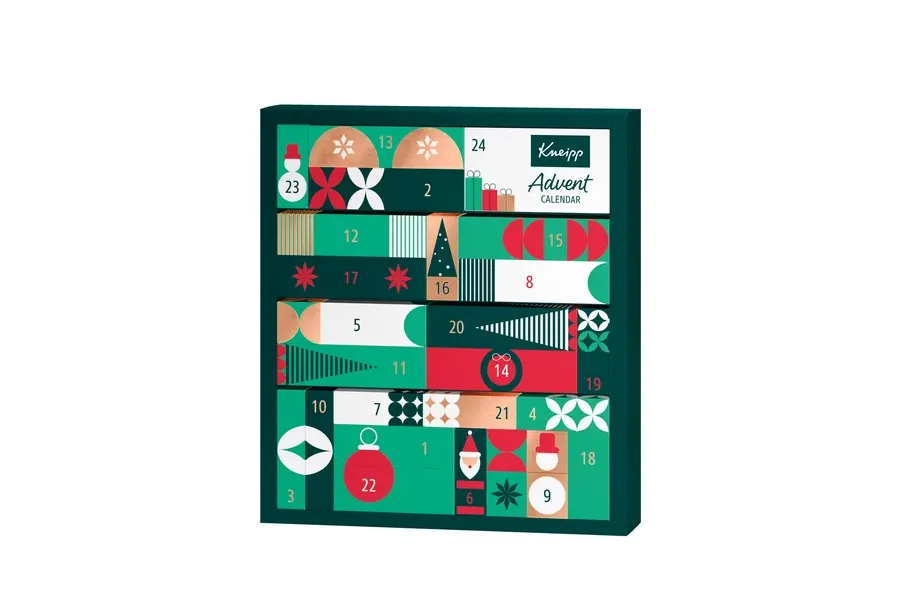 Kneipp Adventskalender 2026 in Grün und Rot mit nummerierten Türchen