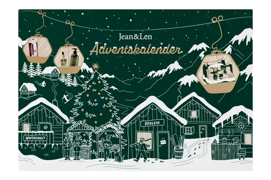 Jean&Len Adventskalender 2026 mit gezeichneter Winter- und Skilandschaft und Gondeln