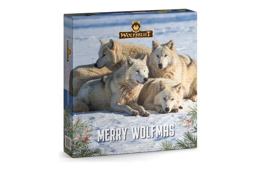 Wolfsblut Adventskalender 2026 für Hunde mit Wolfsrudel im Schnee und Aufschrift Merry Wolfmas