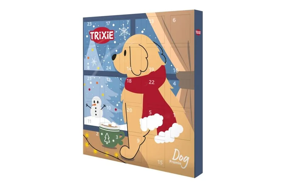 Trixie Premio Adventskalender für Hunde mit gezeichnetem Hund mit Schal am Fenster