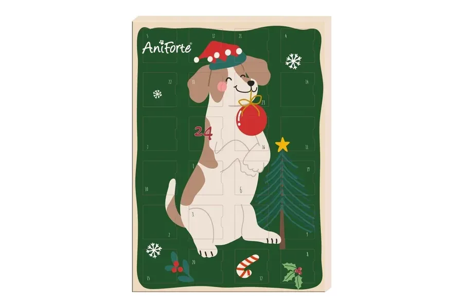AniForte Adventskalender 2026 für Hunde mit gezeichnetem Hund und Weihnachtskugel