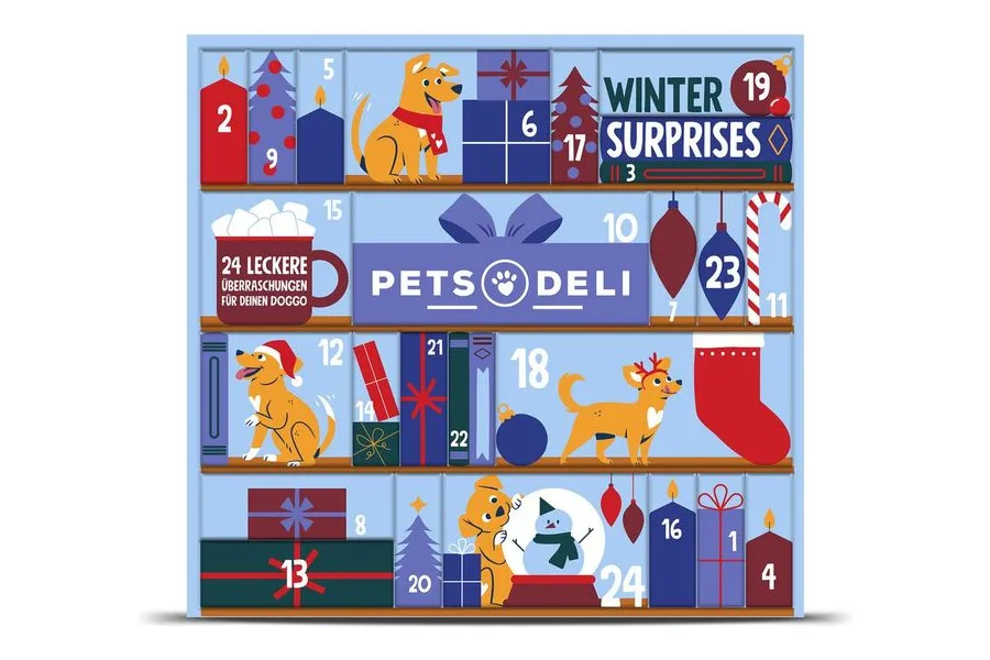 Pets Deli Adventskalender 2026 für Hunde mit Regalmotiv und Aufschrift Winter Surprises