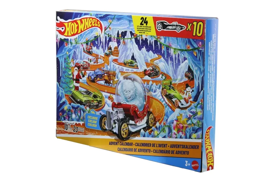 Hot Wheels Adventskalender 2026 mit Yeti-Schneekugelauto auf der Verpackung