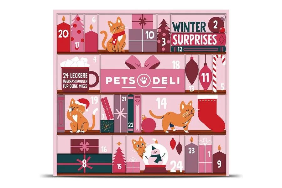 Pets Deli Adventskalender 2026 für Katzen in Rosa mit Regalmotiv und Aufschrift Winter Surprises
