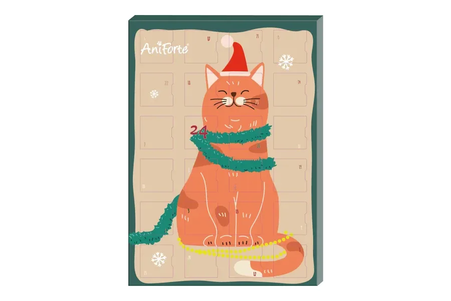 AniForte Adventskalender 2026 für Katzen mit gezeichneter roter Katze und Lametta