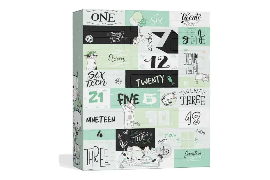 Boxiland Katzen-Adventskalender 2026 in Mintgrün und Schwarz mit Katzenillustrationen