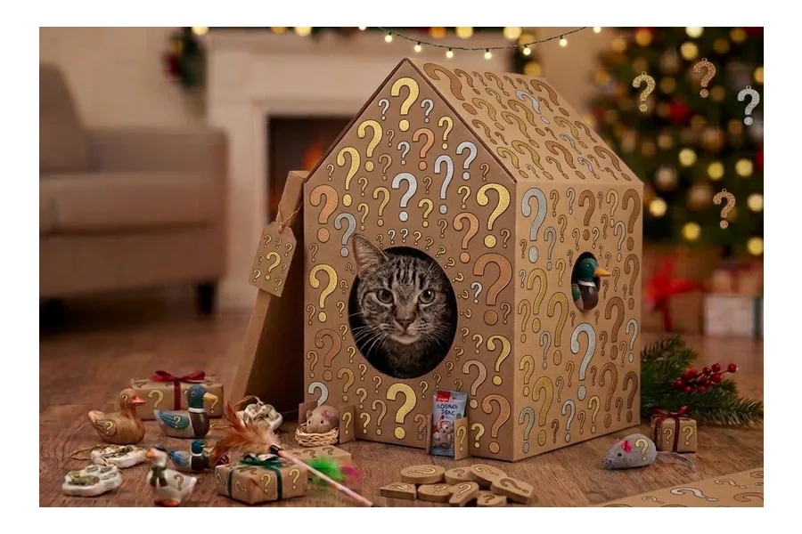 Symbolbild des Herstellers zum Sisalträume Adventskalender 2026: Kratzhäuschen aus Pappe mit Katze und Spielzeugenten