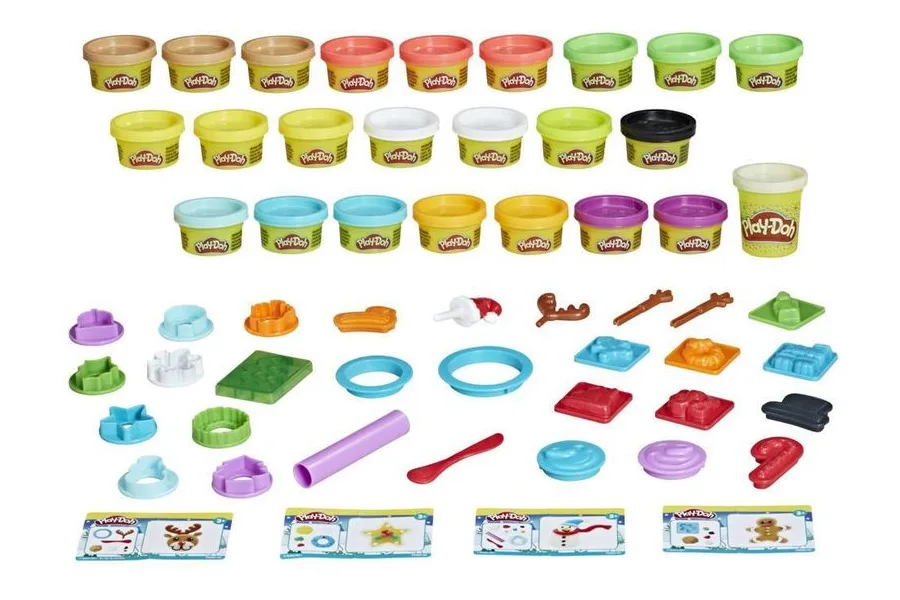 Inhalt des Play-Doh Adventskalenders mit 24 Knetdosen, Formen und Spielmatten