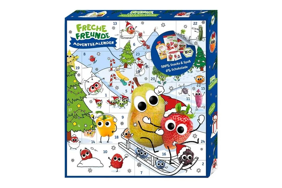 Freche Freunde Bio Adventskalender 2026 mit Obst- und Gemüsefiguren auf der Verpackung
