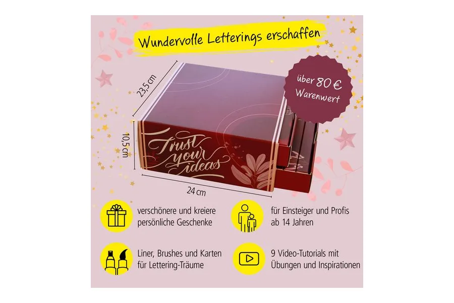 ONLINE Lettering Adventskalender 2026 in Bordeaux mit Maßangaben und Symbolen für Liner und Video-Tutorials