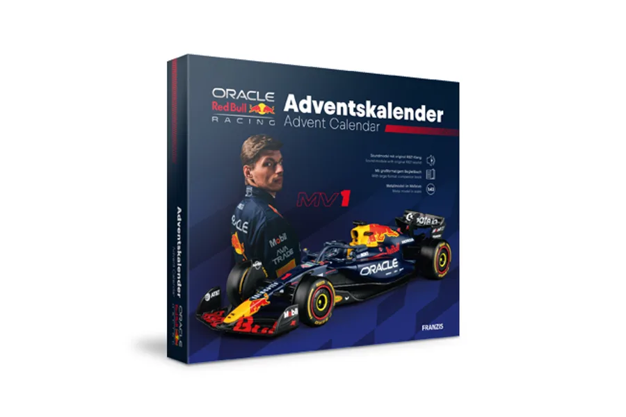Franzis Oracle Red Bull Racing Adventskalender 2026 mit RB21-Modell im Maßstab 1:43 auf der Packung
