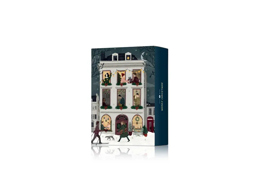 GEILE WEINE WEINMINI-Adventskalender 2026 mit illustrierter Hausfassade