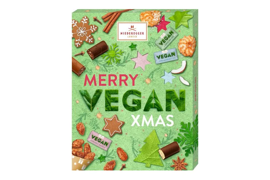 Grüner Niederegger Adventskalender Merry Vegan Xmas mit Lebkuchen und gebrannten Mandeln