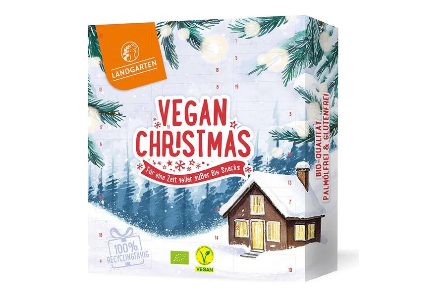 Landgarten Bio Adventskalender Vegan Christmas mit verschneitem Haus und Vegan-Siegel