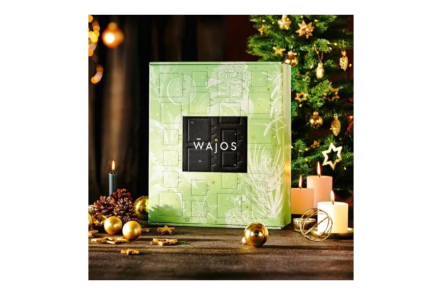 Hellgrüner Wajos Veganer Feinkost Adventskalender vor einem Weihnachtsbaum