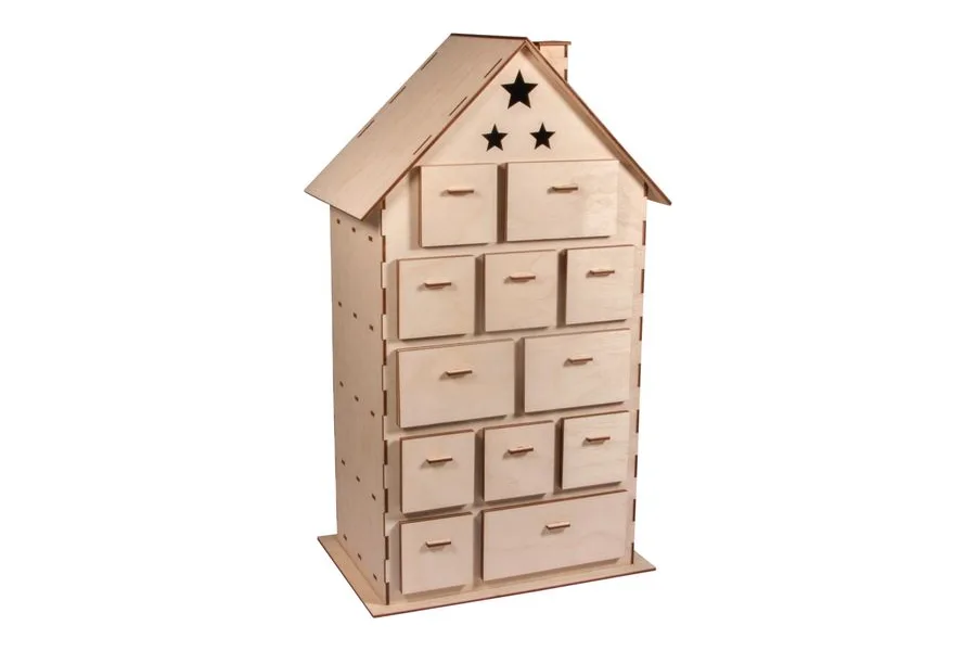 Rayher Adventskalender-Haus aus naturbelassenem Holz mit Schubladen in verschiedenen Größen