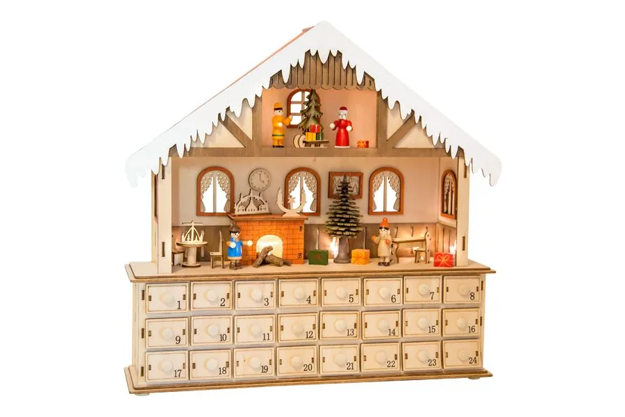 small foot Adventskalender Stube aus Holz mit beleuchteter Weihnachtsszene und 24 nummerierten Schubladen
