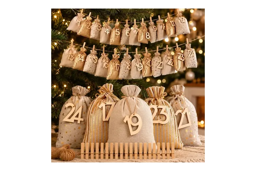 vehner Adventskalender Säckchen 2026 in Beige und Gold mit Holzzahlen an einer Hanfschnur