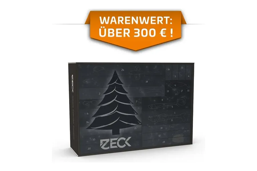 Zeck Adventskalender Raubfisch 2026 in Schwarz mit Tannenbaum und Köder-Silhouetten
