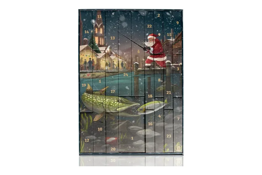 Hecht und Barsch Angel-Adventskalender 2026 mit angelndem Weihnachtsmann und Hecht