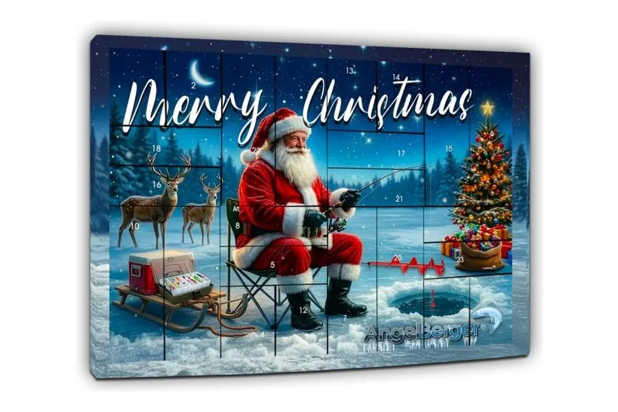 Angel-Berger Adventskalender 2026 mit Weihnachtsmann beim Eisangeln