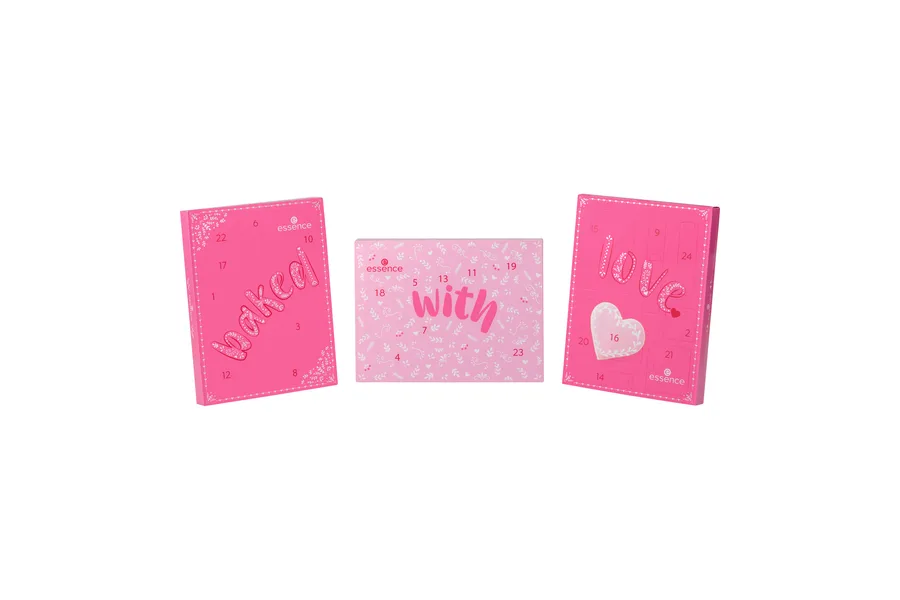 essence Adventskalender baked with love 2026 aus drei pinken Boxen mit Türchennummern