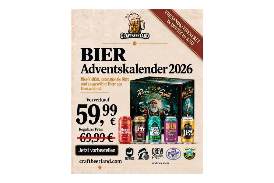 CraftBeerLand Bier-Adventskalender 2026 Rockin Santa mit fünf Bierdosen
