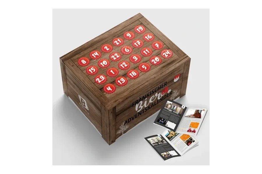 Fränkischer Bier-Adventskalender 2026 in Holzkisten-Optik mit Brauerei-Magazin
