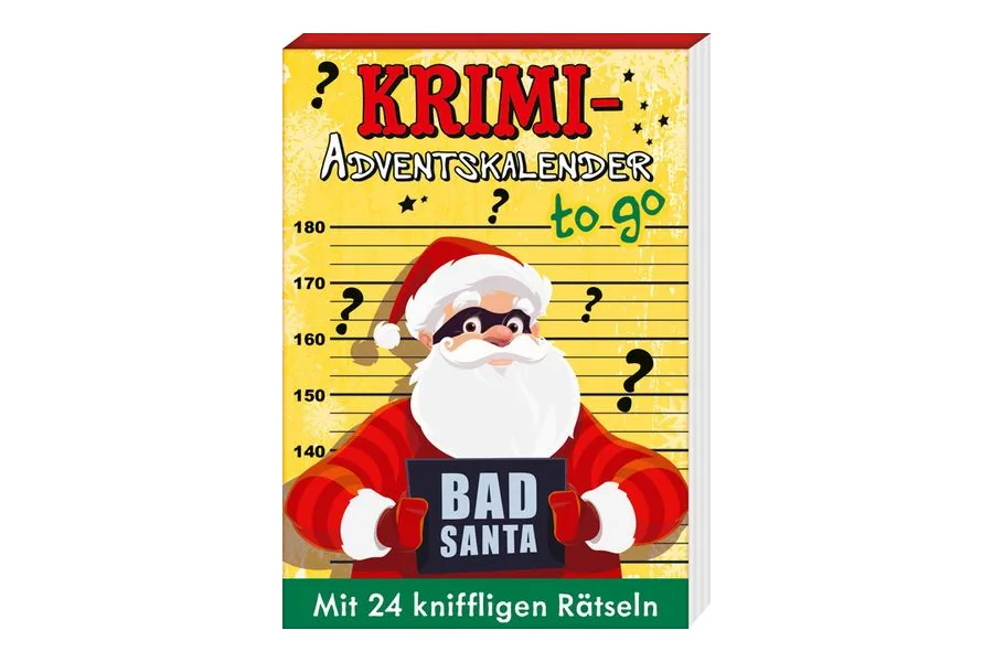 Krimi-Adventskalender to go 8 mit Bad-Santa-Motiv und 24 kniffligen Rätseln