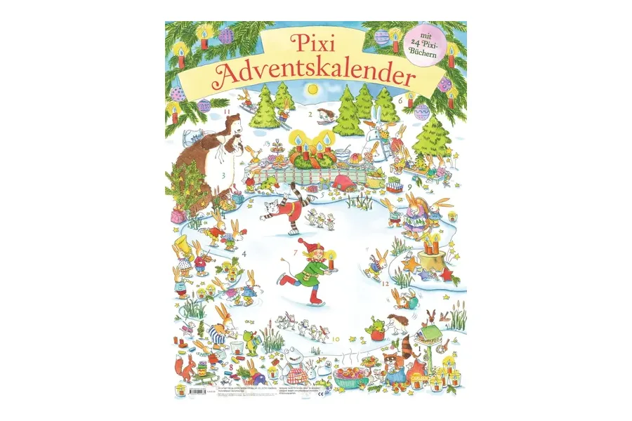 Pixi Adventskalender 2026 mit Winterszene und 24 Pixi-Büchern hinter den Türchen