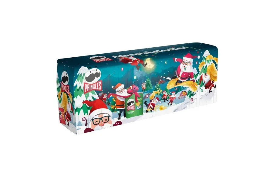 Pringles Bus Adventskalender 2026 in Dunkelblau mit Weihnachtsmännern und Chips