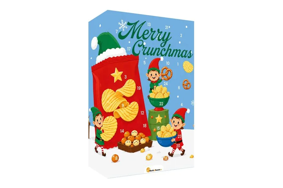 World of Sweets Merry Crunchmas Snack Adventskalender XL mit Elfen und Chipstüte