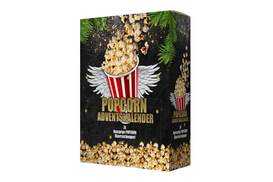 Schwarzer Popcorn Adventskalender 2026 mit Popcorn-Becher und Engelsflügeln