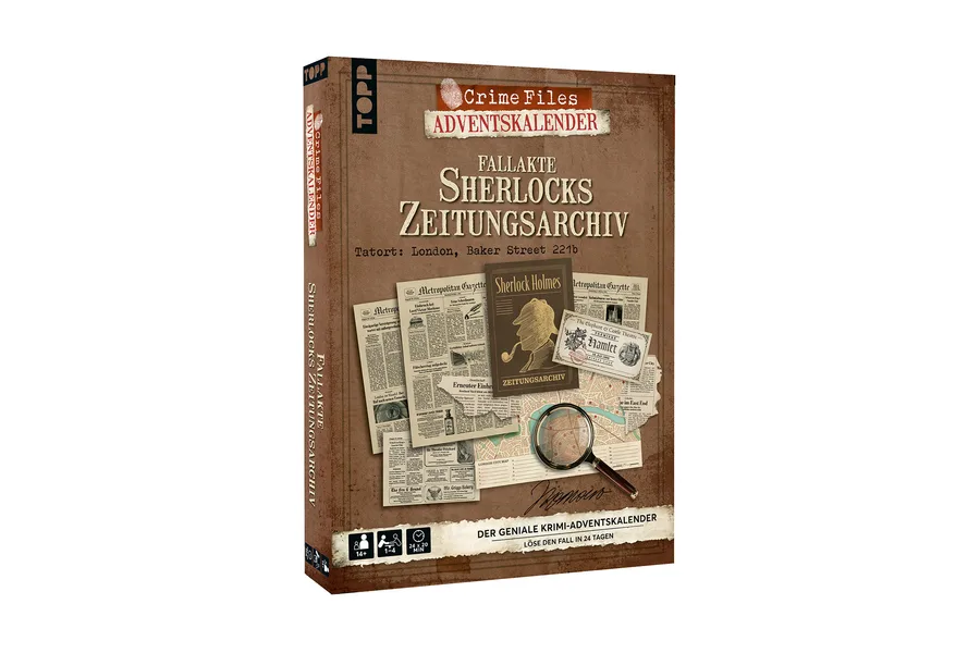 TOPP Crime Files Adventskalender Fallakte Sherlocks Zeitungsarchiv mit Zeitungen und Lupe