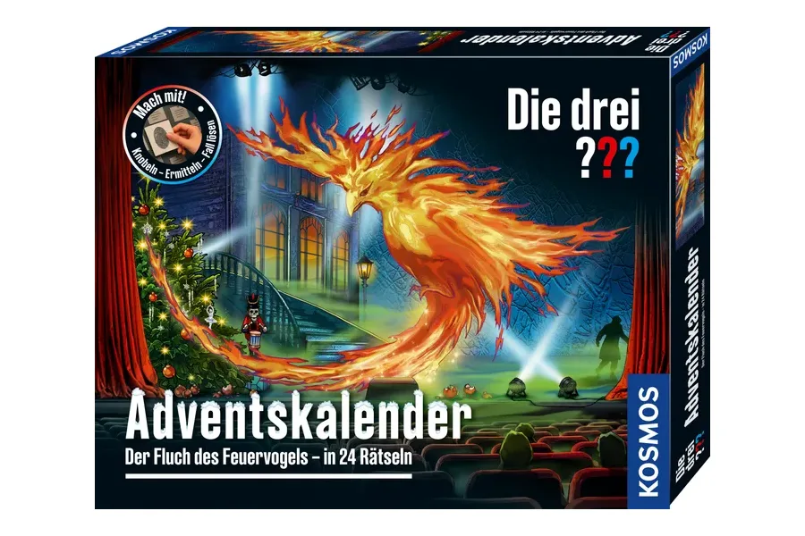 KOSMOS Die drei Fragezeichen Adventskalender 2026 Der Fluch des Feuervogels mit Feuervogel auf der Bühne