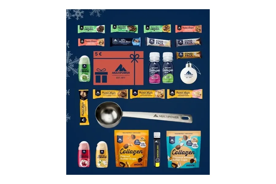Inhalt des Multipower Adventskalenders 2026 mit Riegeln, Kollagen-Shots, Butter Cups und Messlöffel