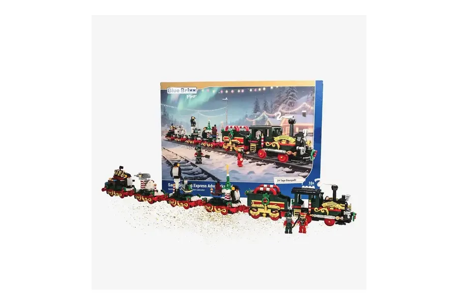 BlueBrixx Adventskalender Santa Specials Express mit grüner Lok und Weihnachtswagen