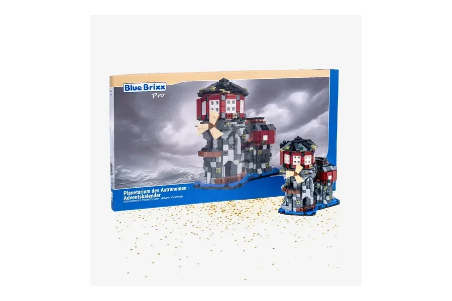 BlueBrixx Adventskalender Planetarium des Astronomen mit fertigem Felsenmodell und rotem Observatorium