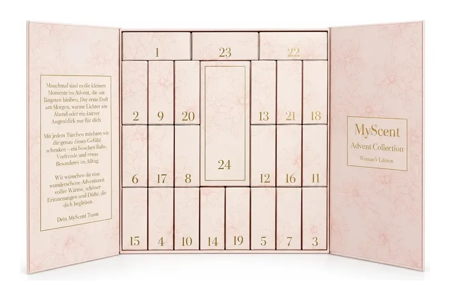 Geöffneter rosafarbener MyScent Adventskalender 2026 Woman's Edition mit 24 Fächern