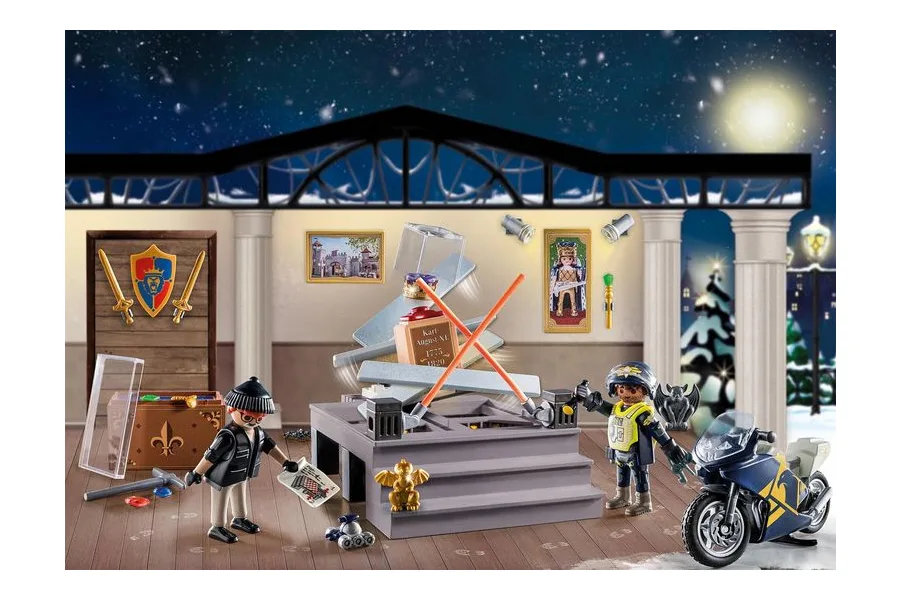 Spielszene aus dem Playmobil Adventskalender Polizei Museumsdiebstahl 71347 mit Räuber, Polizist und Motorrad