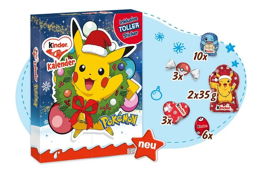 kinder Pokémon Adventskalender 198 g mit Pikachu im Kranz und Übersicht der enthaltenen Schokoladen