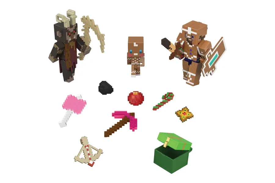 Inhalt des Mattel Minecraft Adventskalenders 2026 mit Krampus, Lebkuchenmann und Zubehörteilen