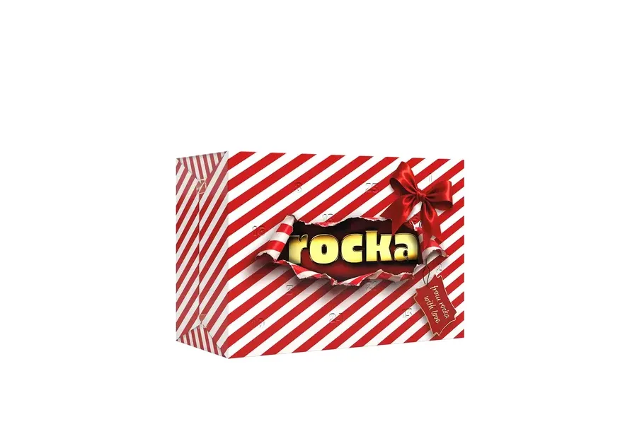 rocka Adventskalender 2026 mit rot-weißen Streifen und Schleife
