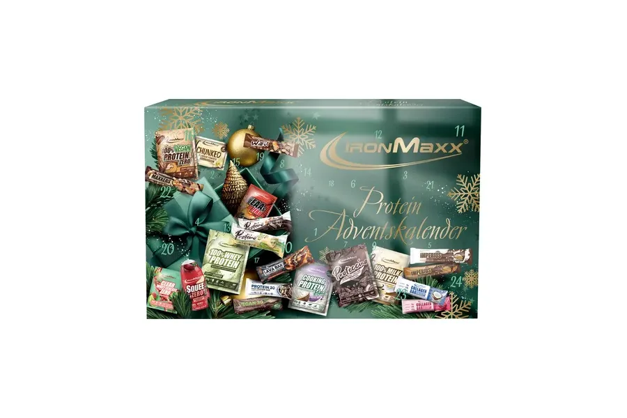 IronMaxx Protein Adventskalender 2026 in Grün mit Riegeln und Proteinbeuteln