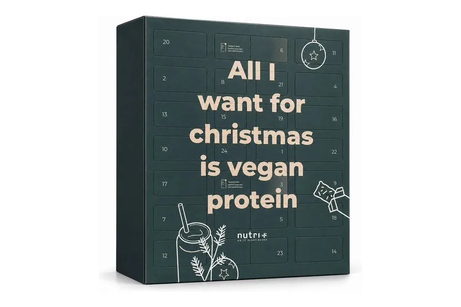nutri+ Veganer Protein-Adventskalender 2026 mit Aufschrift All I want for christmas is vegan protein