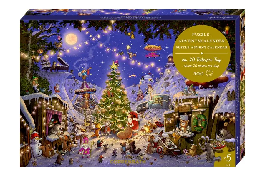 Coppenrath Puzzle-Adventskalender Weihnachtsmarkt der Tiere mit 500 Teilen und Waldtieren unter dem Weihnachtsbaum